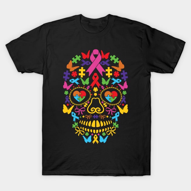 Autism Awareness Sugar Skull Halloween Autism Gift T-Shirt by Lones Eiless